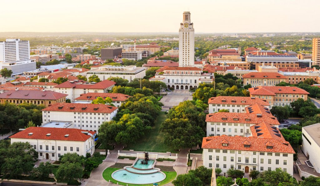 University of Texas Austin campus at sunset-dusk - aerial view